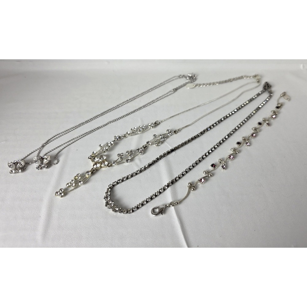 Silver Tone Rhinestone Jewelry Lot 4pc Tennis Y-Drop Butterfly Necklace Bracelet